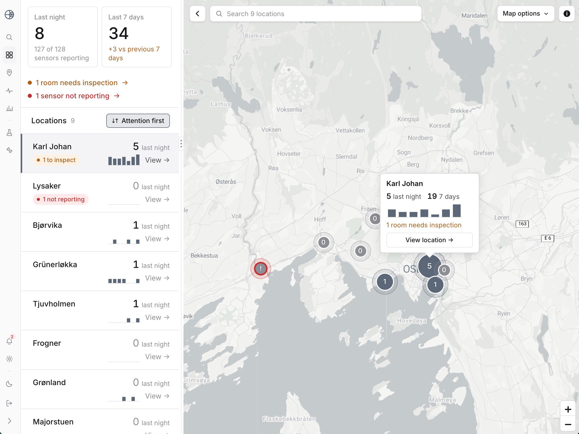 The EntoSense overview: every property on a map, with the ones that need a look flagged